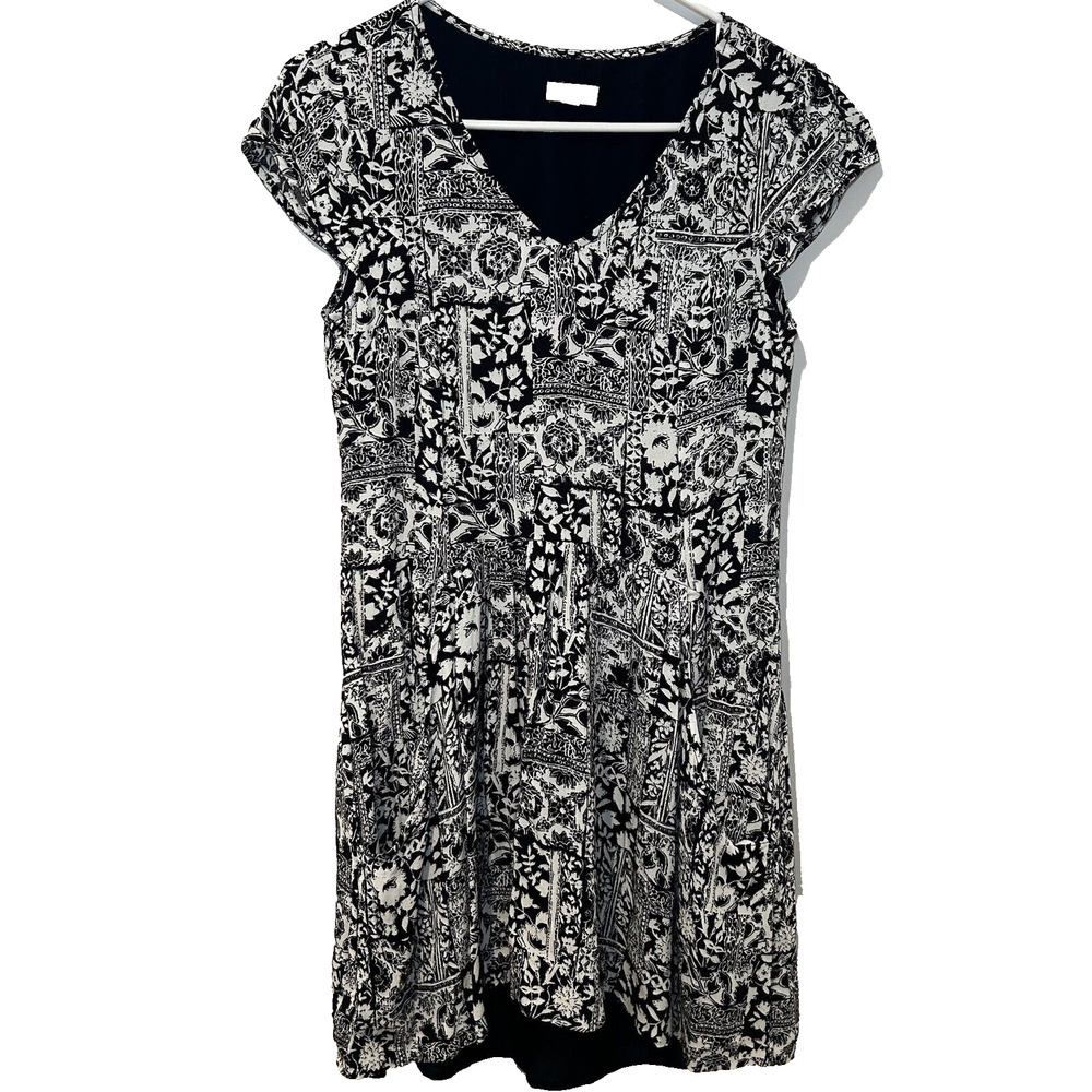 Garnet‎ Hill Mini Dress 02 Tunic Blue White Floral Pockets Boho Hippie Cottage S